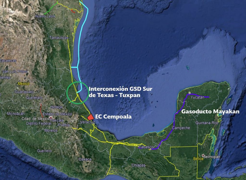 Un mapa de la península de Yucatán en el Mar Caribe en el sureste de México muestra la ruta del gasoducto Mayakán de 780 kilómetros, que transporta gas natural desde el estado de Tabasco a los tres estados de esa región.  AMIGOS: Sener